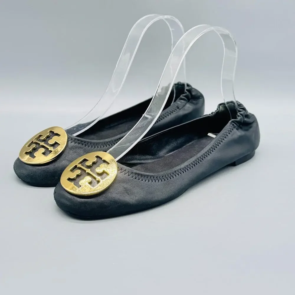 Tory Burch Shoes Womens 6 Black Leather Reva Ballet Flats Gold Logo Slip On